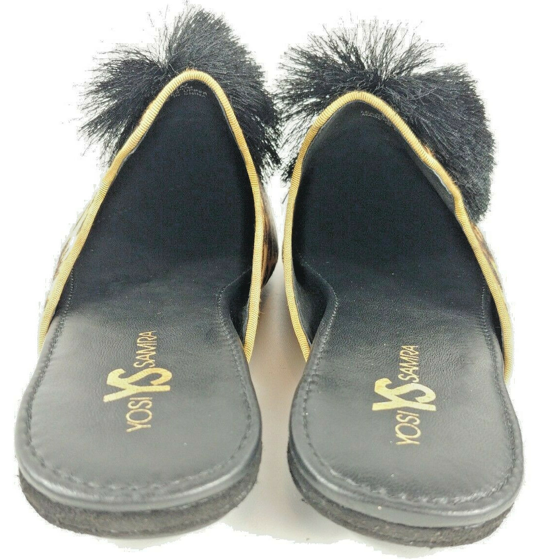 Yosi Samra Vavoom Tan Leopard Print Pom Pom Mules Calf Hair Size 8M 10M 11M