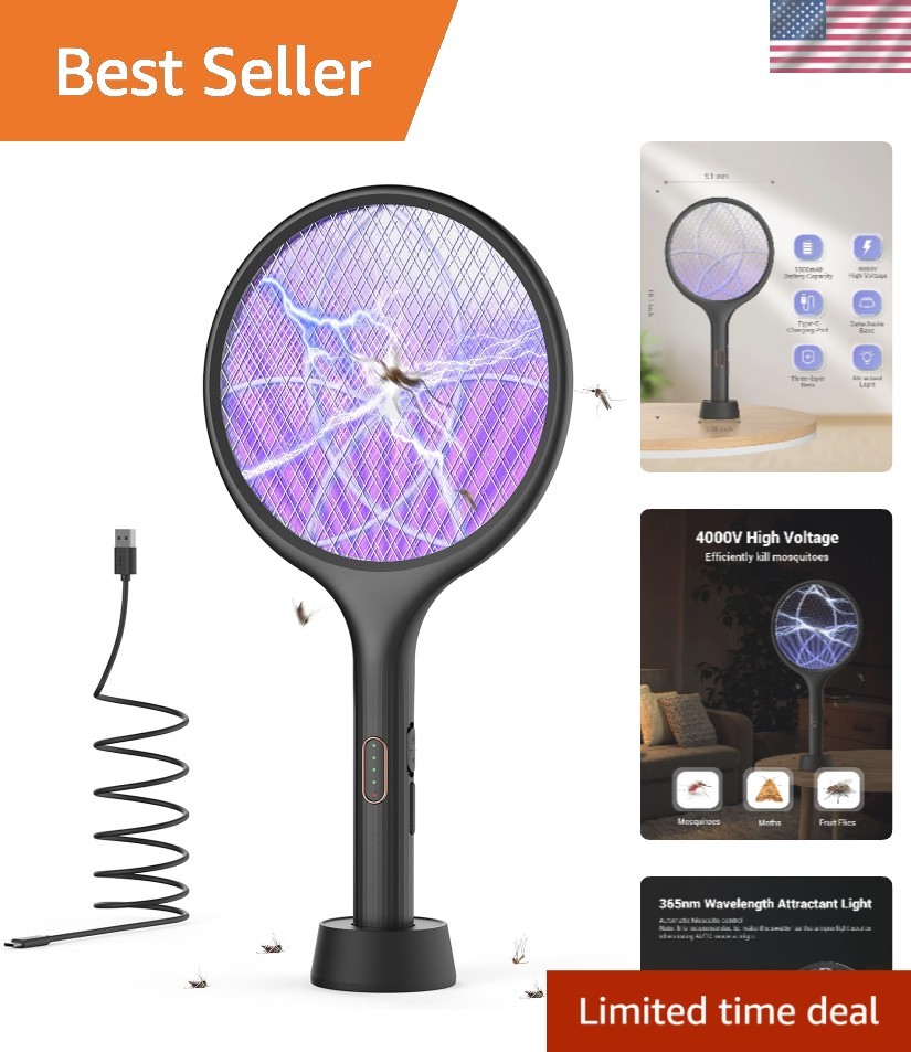 Elegant Black Electric Fly Swatter 4000V Bug Zapper with Rechargeable Ease