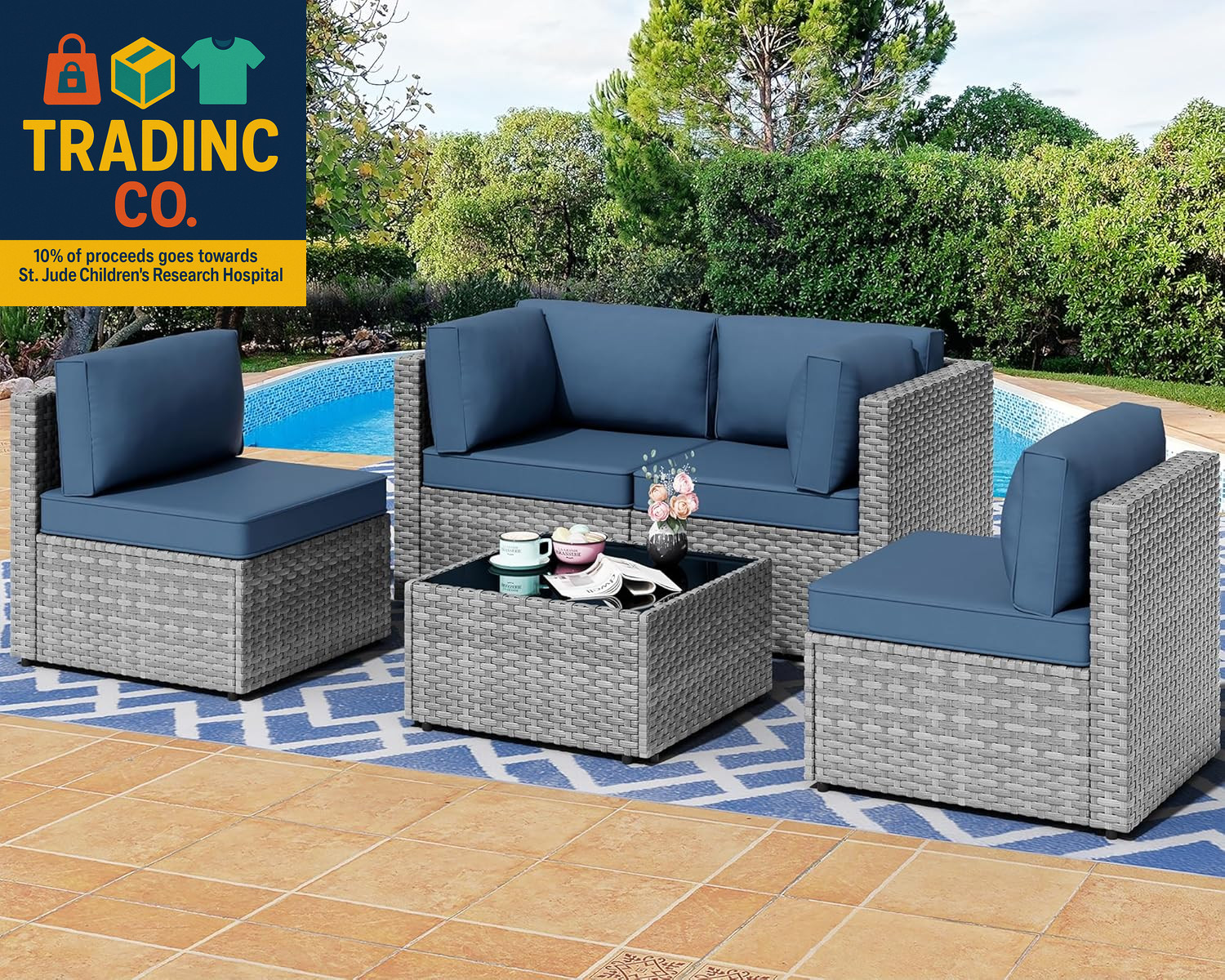 5 Pieces Outdoor Patio Furniture Sets, Patio Sectional Sofa Couch, Gray PE Wicke