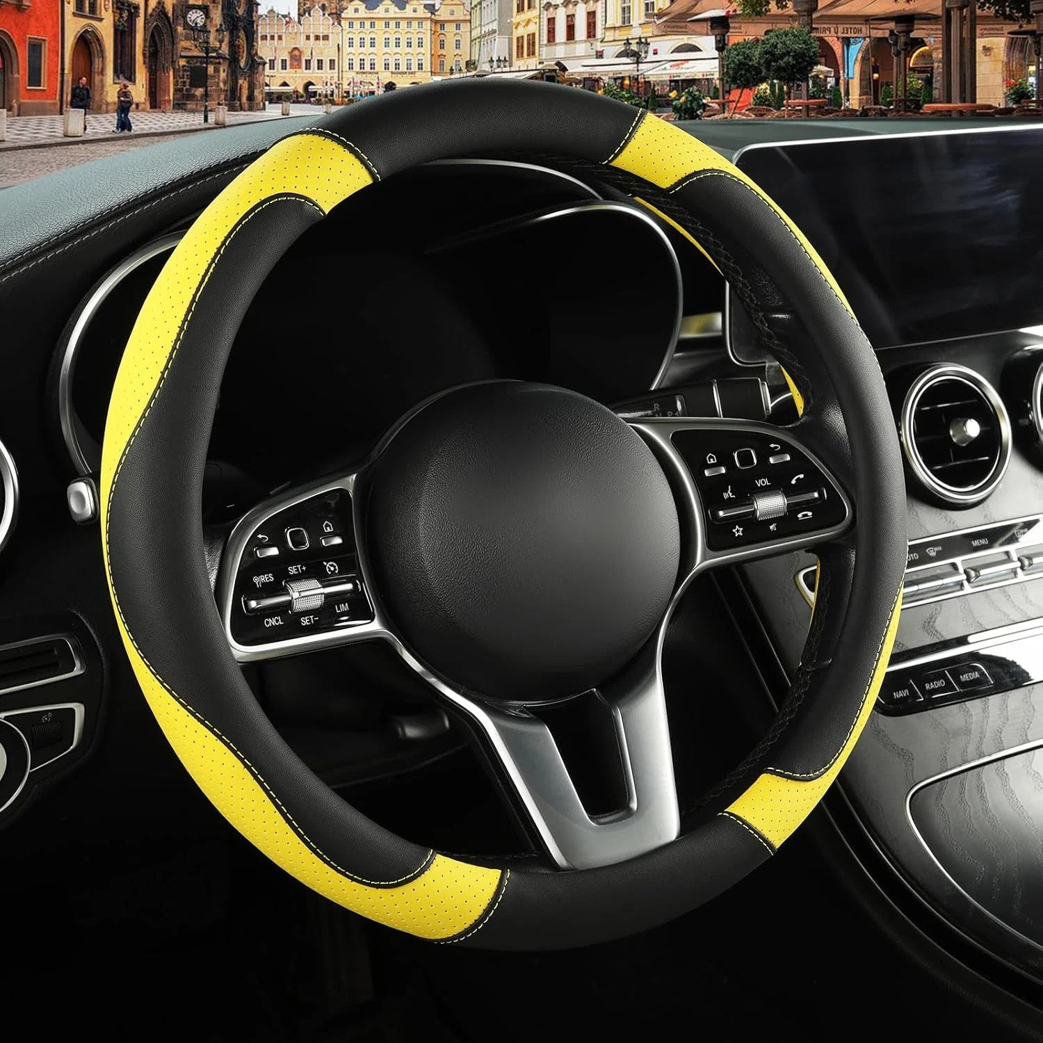 Leather Steering Wheel Cover, Breathable, anti Slip & Odor Free, Black and Yello