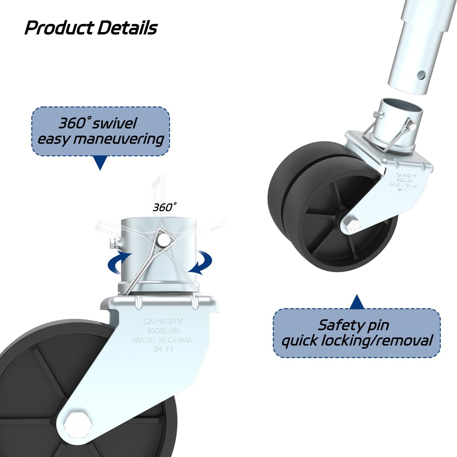2000lbs Dual 6" Trailer Jack Swivel Caster, Wheel Replacement with Pin, Silver