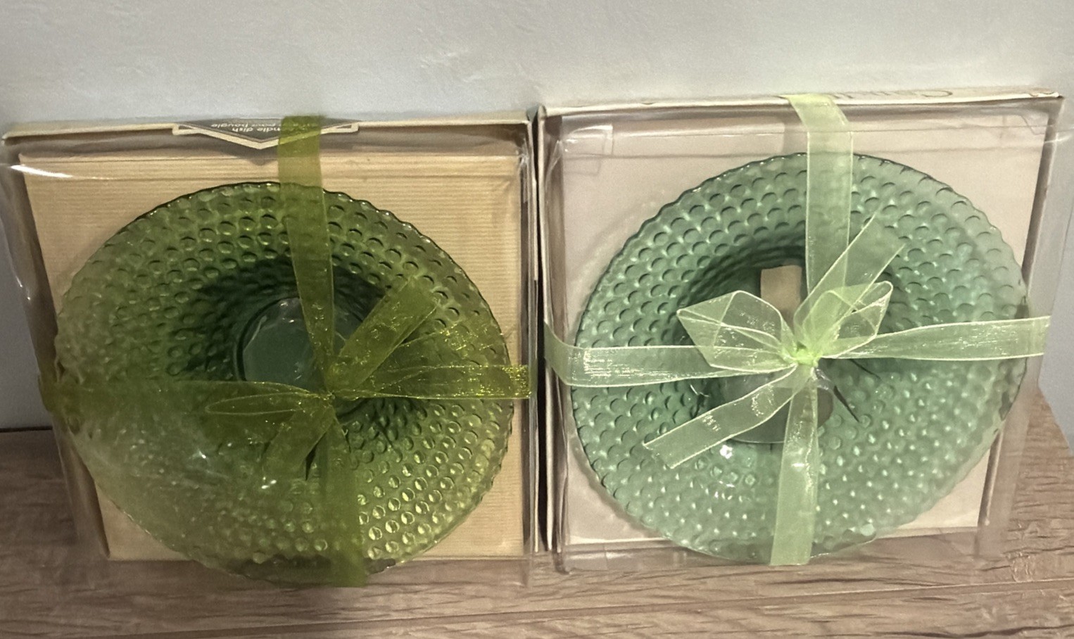 Set Of 2  Green Luminessence Candle ,Candle Dish 6” New ,Candle Included
