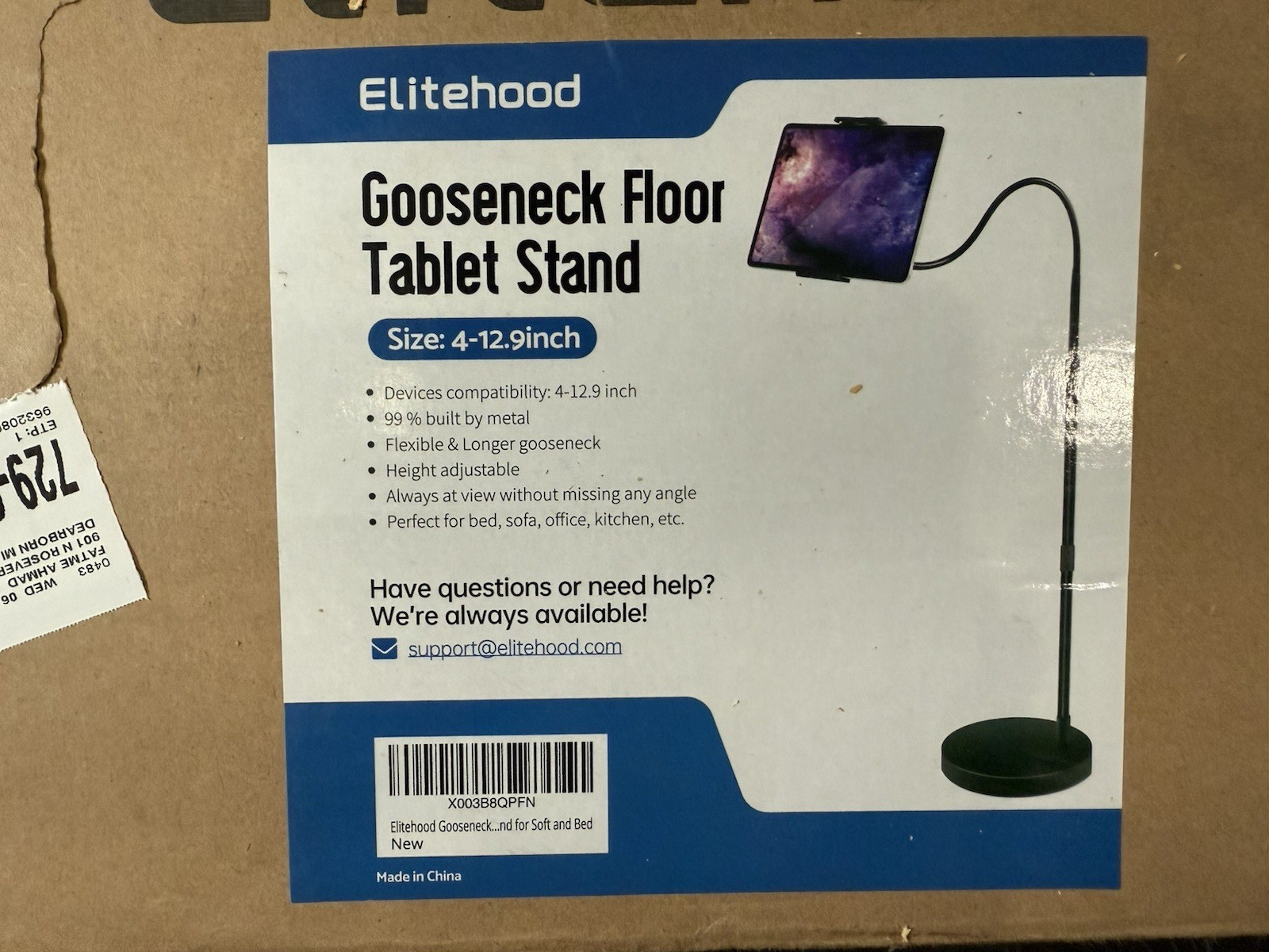 Elitehood Gooseneck Floor Tablet Stand Adjustable Flexible 4-12.9in Black