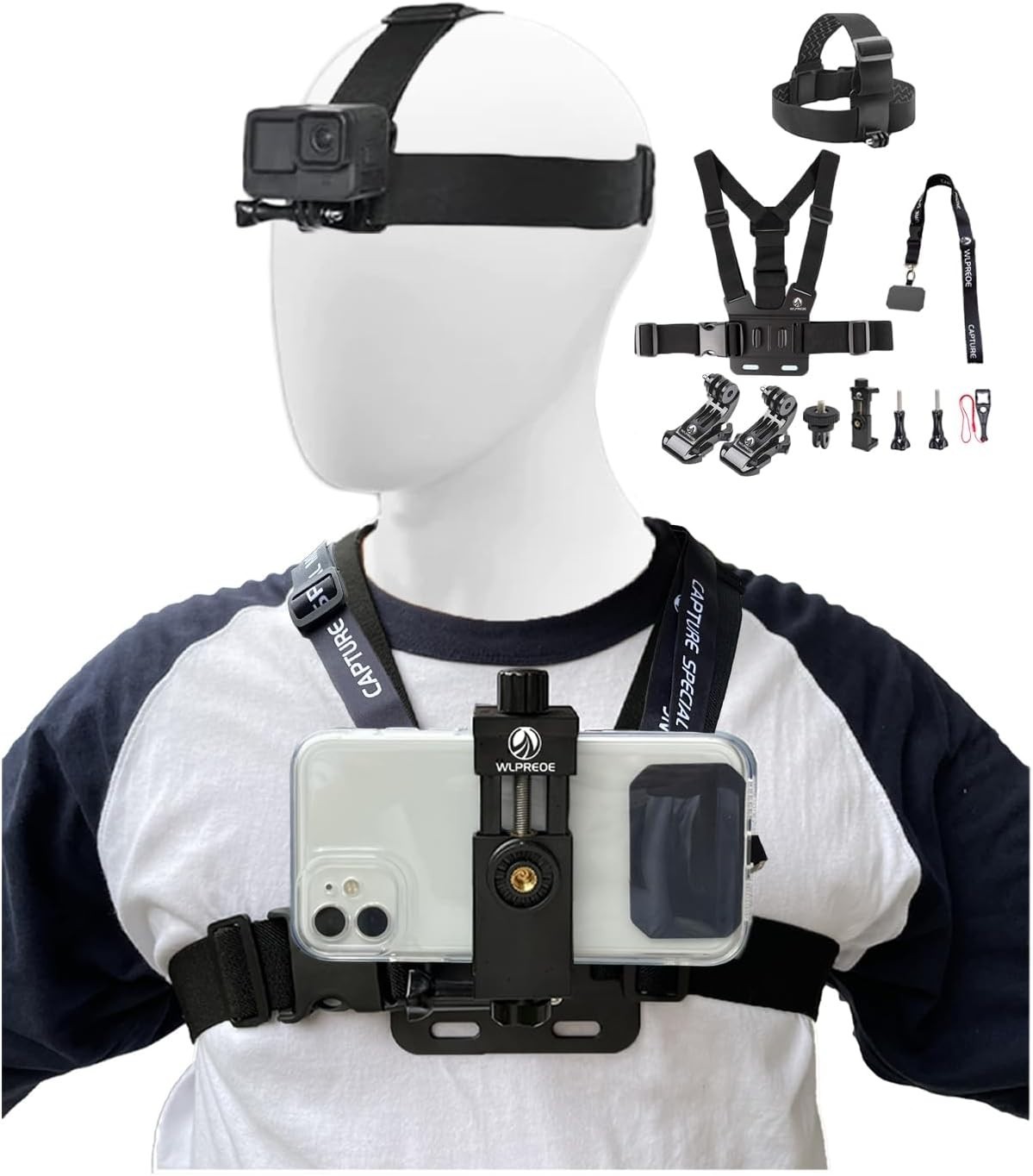 Phone Chest Mount Harness & Head Strap Kit for iPhones, GoPro, Action Cameras