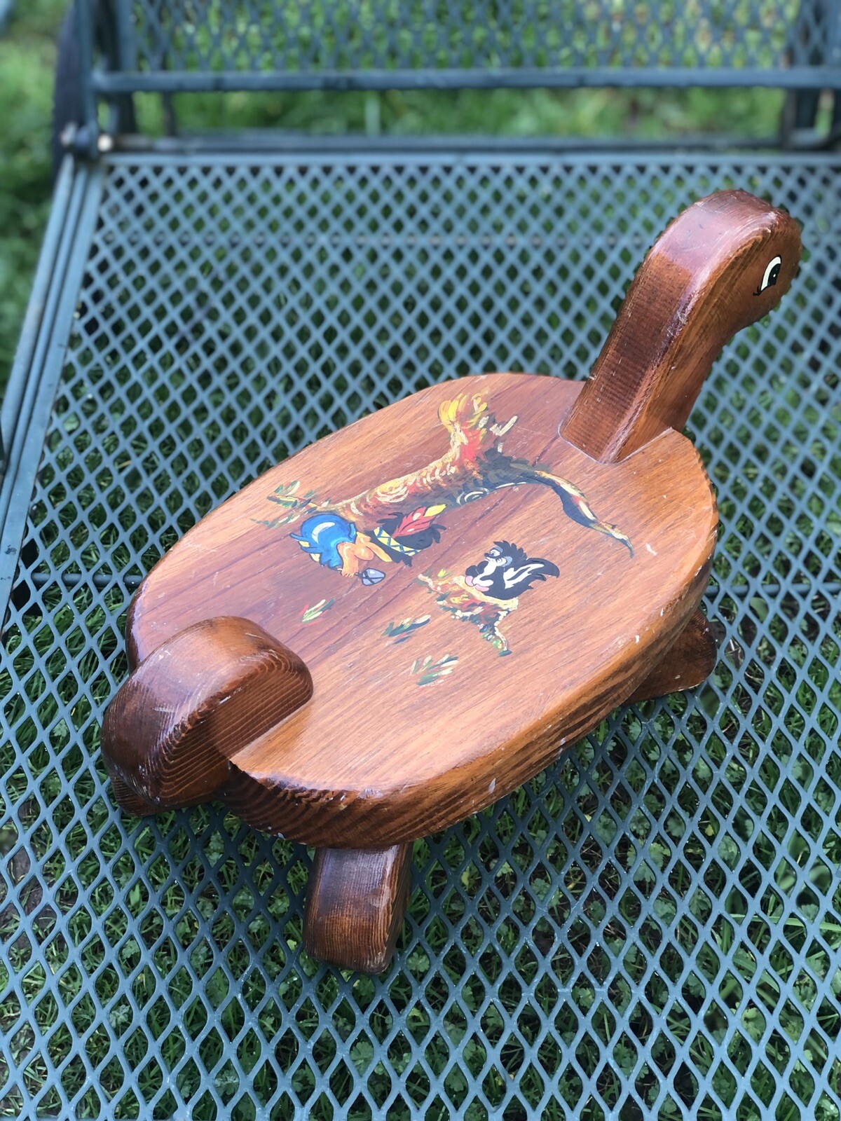 Vintage Kids Wood Turtle Foot Stool Step Hand Painted Skunk 16.5 L