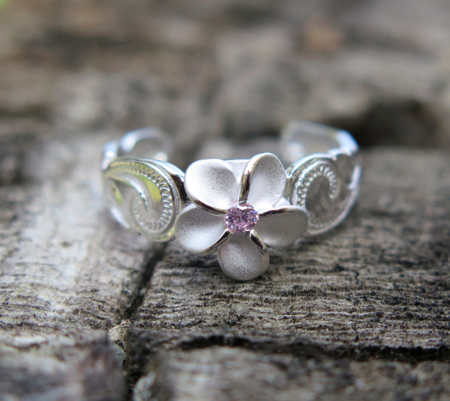 Sterling Silver Hawaiian Flower Plumeria Traditional Scroll 6 mm Band Toe Ring