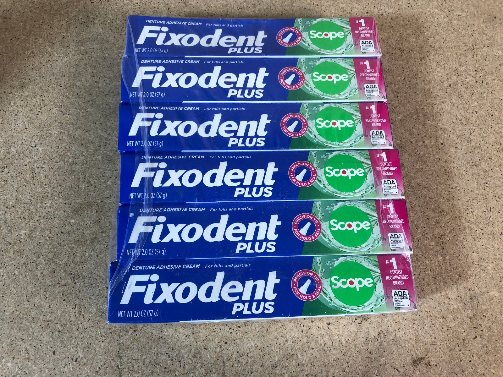 6 Tubes Fixodent Plus Denture Adhesive Cream, Scope Flavor, 2 oz