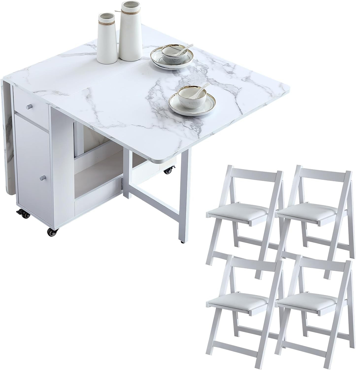 Drop Leaf Folding Dining Table with 4 Chairs Set for 4, Expandable Wooden Space