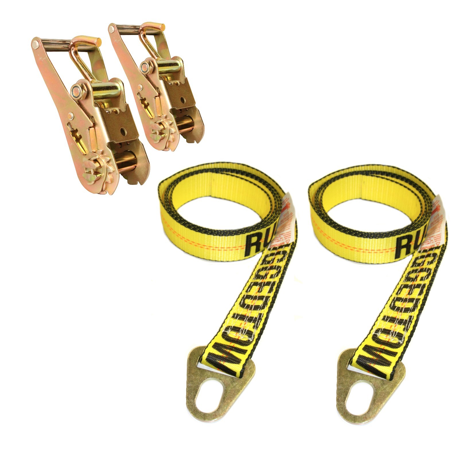 8' Yellow Keyhole Lasso Wheel Lift Straps w/Ratchets Chevron Style 2 Pack