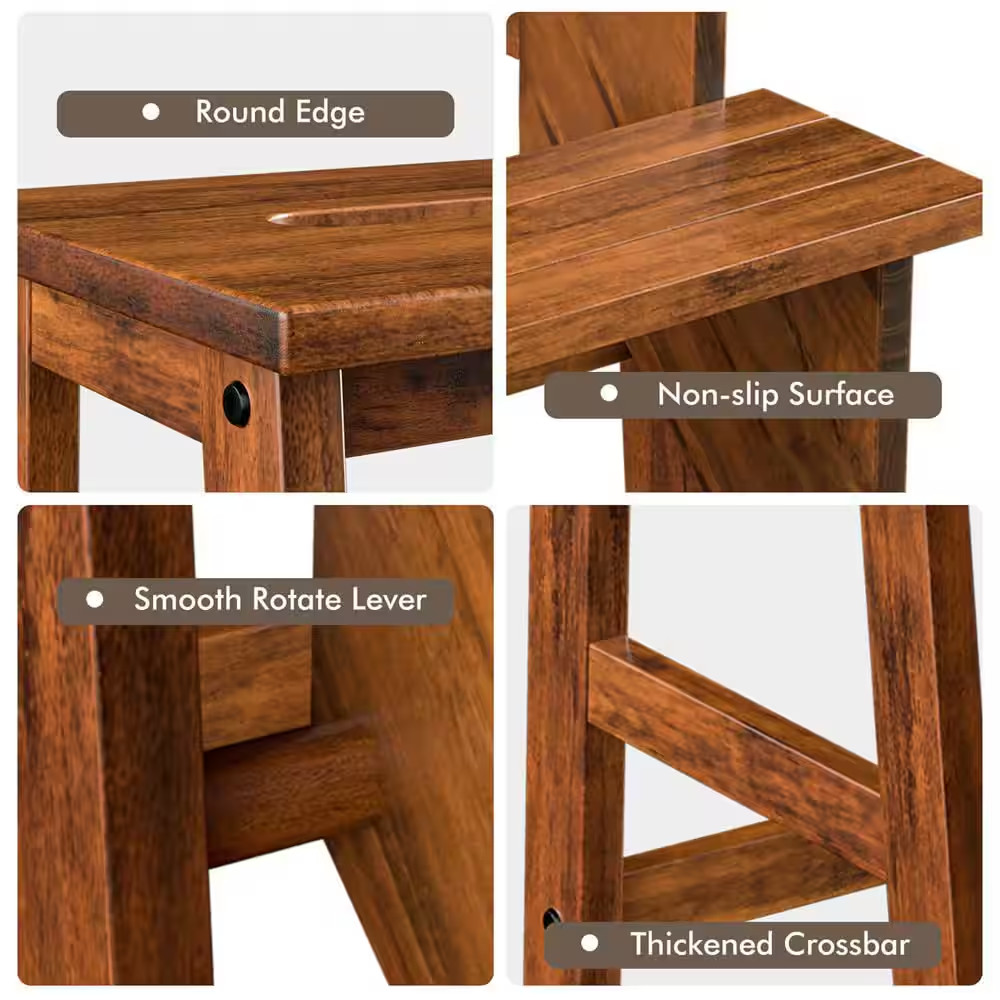 Coffee 3-Tier Folding Step Stool 3-In-1-Rubber Wood Ladder Storage Shelf