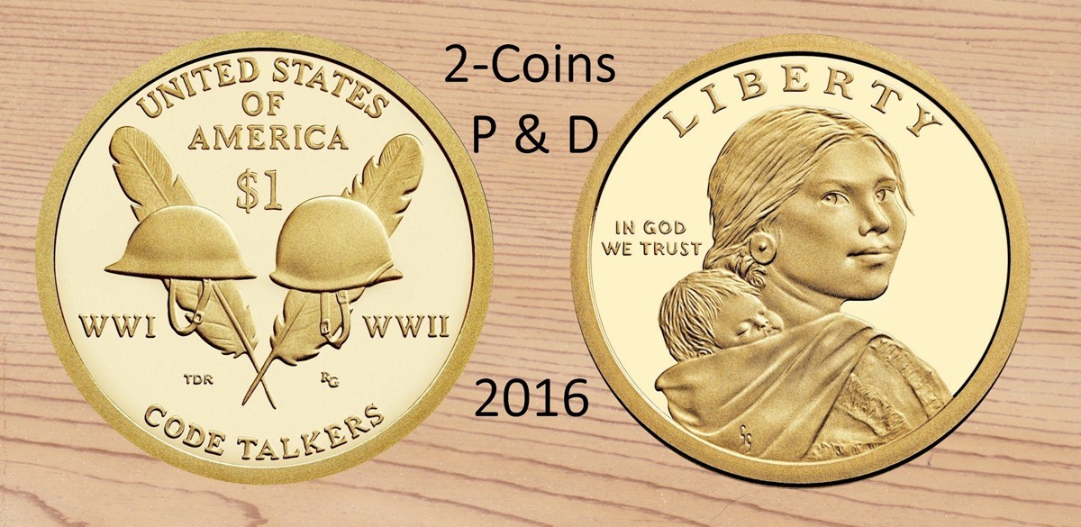 2016 P +D Native American / Sacagawea Golden Dollar  2-Coin Set