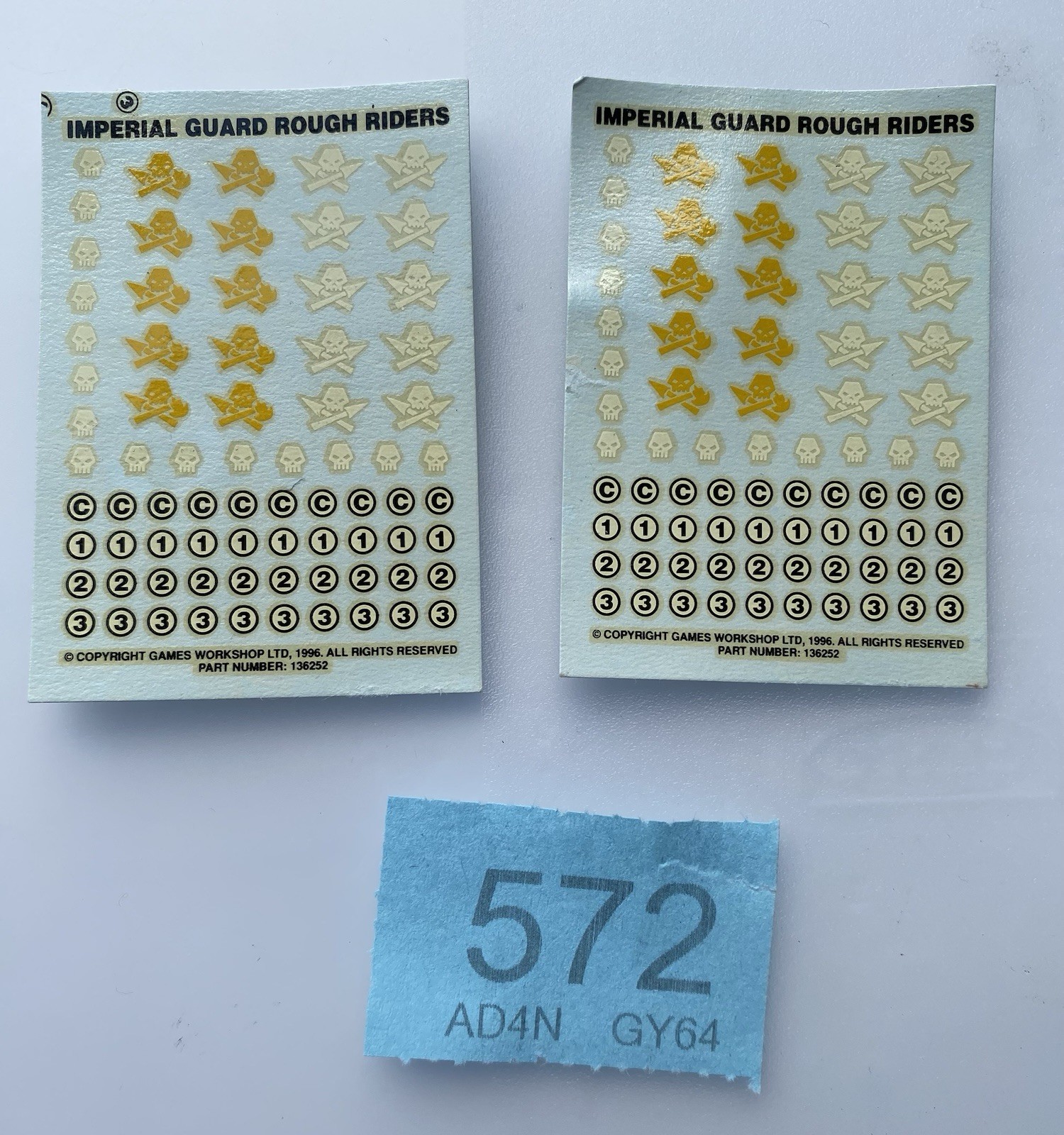 40k Imperial Guard Rough Riders Transfer Sheets Decals X 2, 1996 OOP