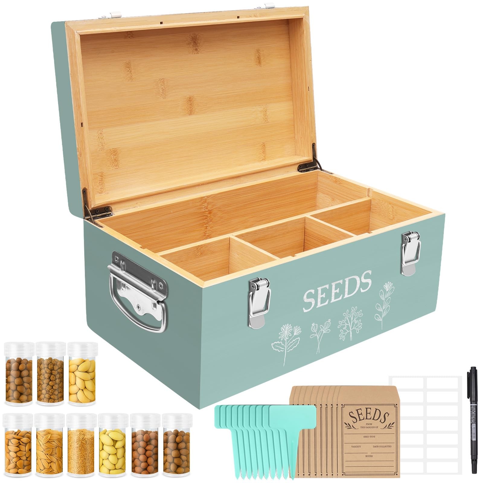 Large Bamboo Wood Seed Storage 13.2 x 7.8 x 5.9 inches, 2.Green(Large)