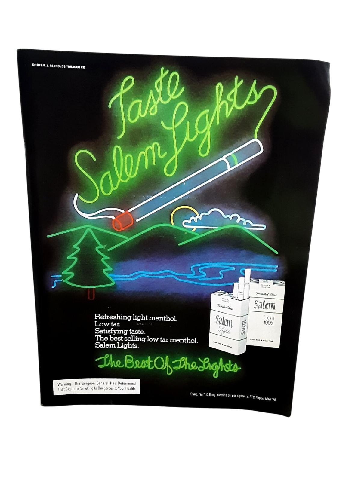 1980 Salem Lights Cigarettes Ad Vintage Neon Print Menthol Smoking Art