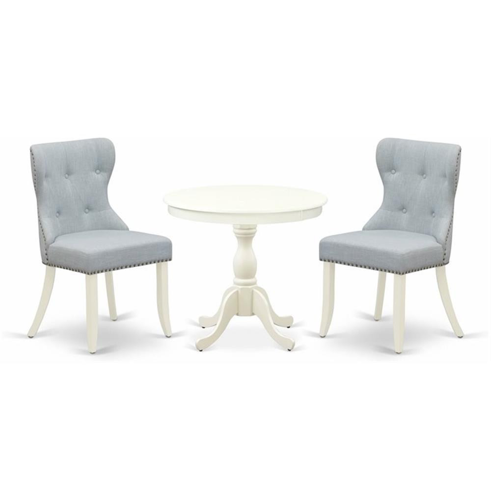 East West Furniture Antique 3-piece Wood Dining Set in Linen White/Baby Blue
