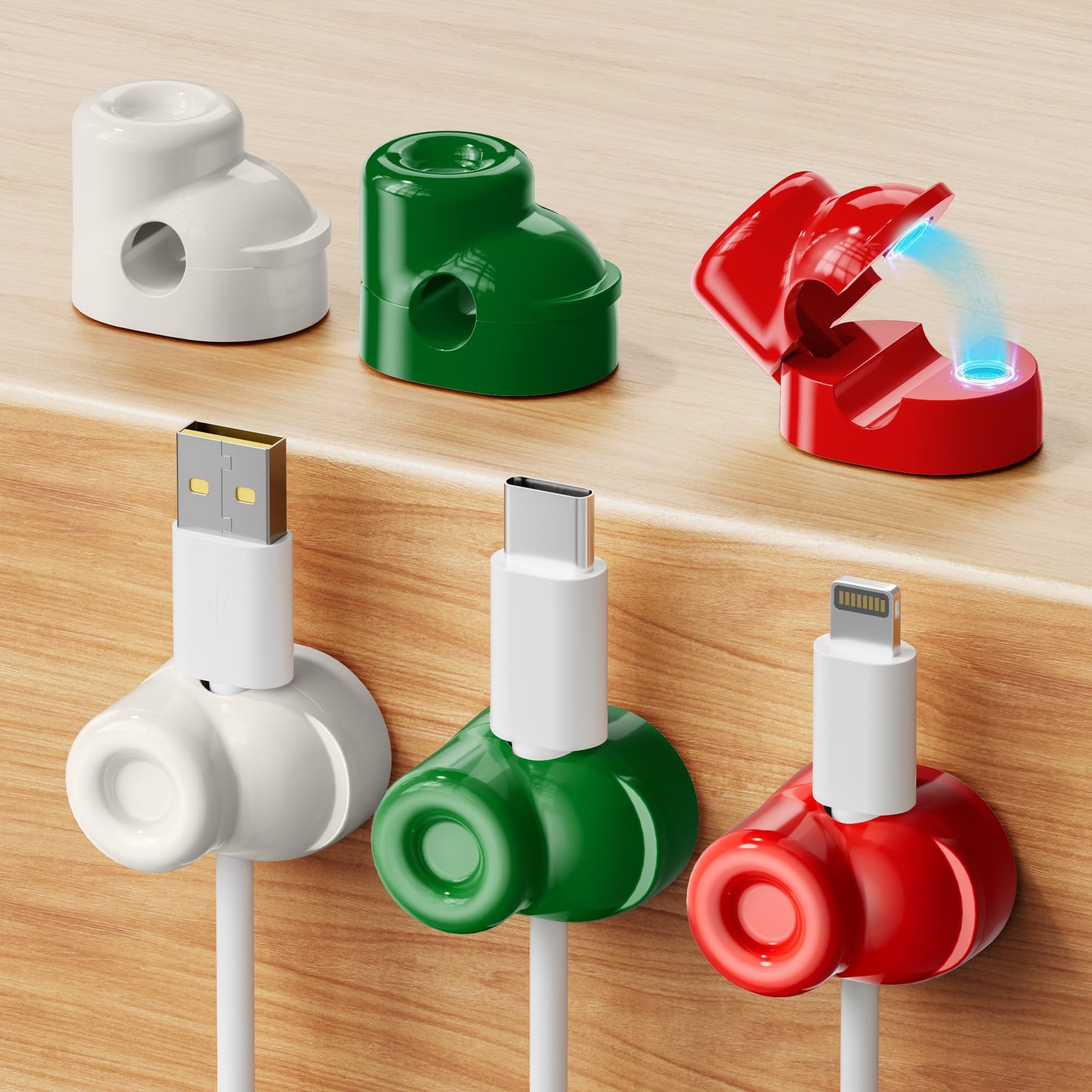gliship 6 Pack Magnetic Cable Clips, Smooth Adjustable Cell red＆green＆beige