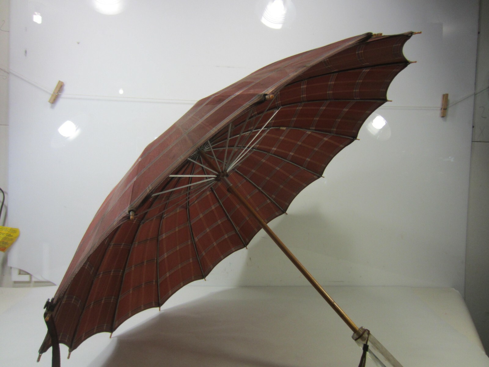 Vintage Light Burgundy Plaid Umbrella w/Clear Lucite Handle