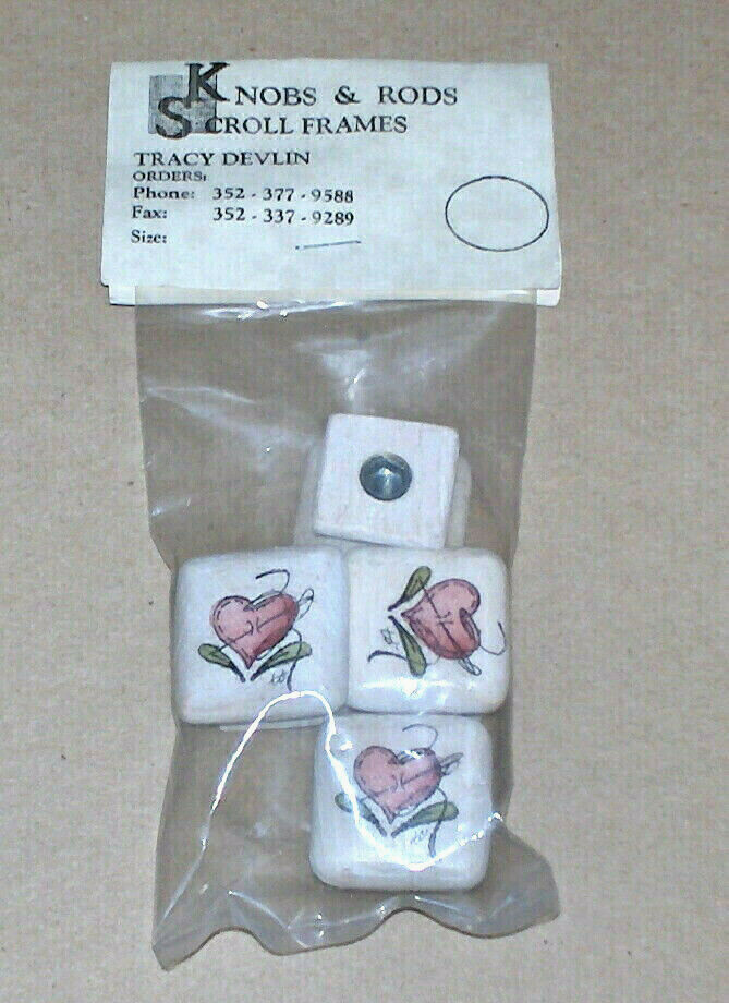 "Pink Stitched Hearts w/ Leaves" Decorative Scroll Frame Knobs (4) NIP