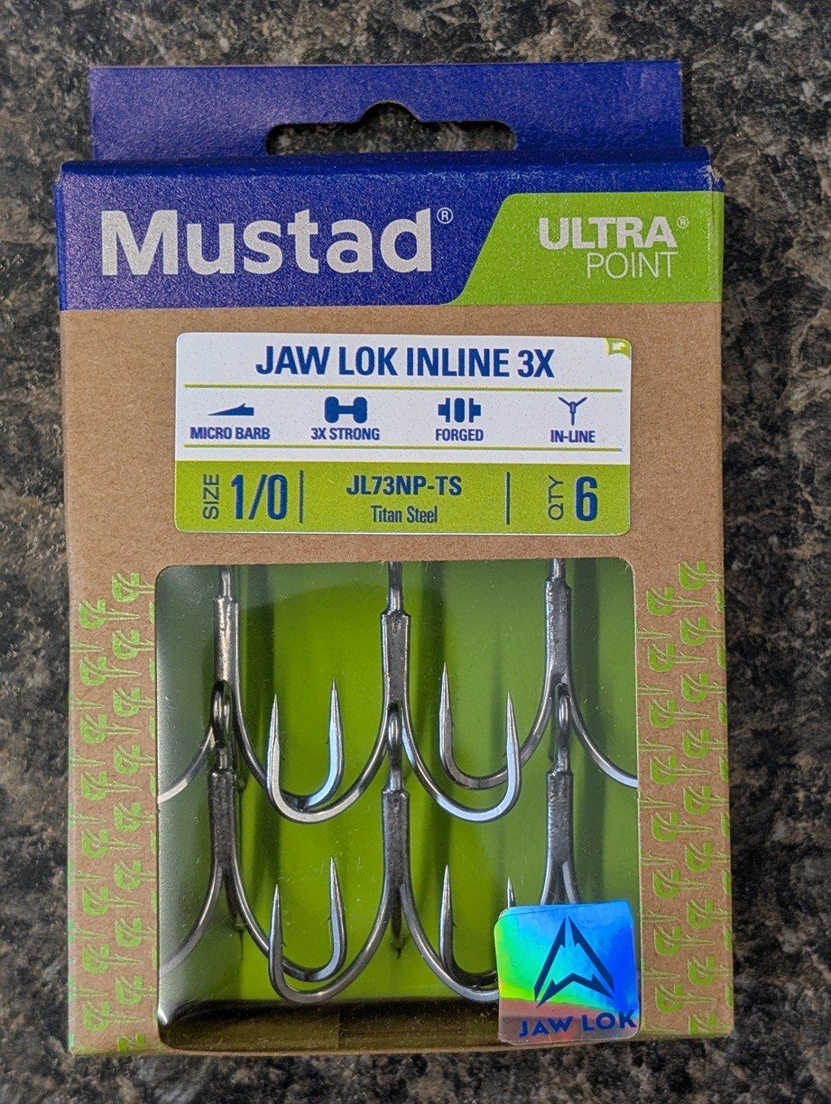 Mustad Jaw Lok In-Line Treble Hook 3X Strong - Size 1/0 - Titan Steel Hooks