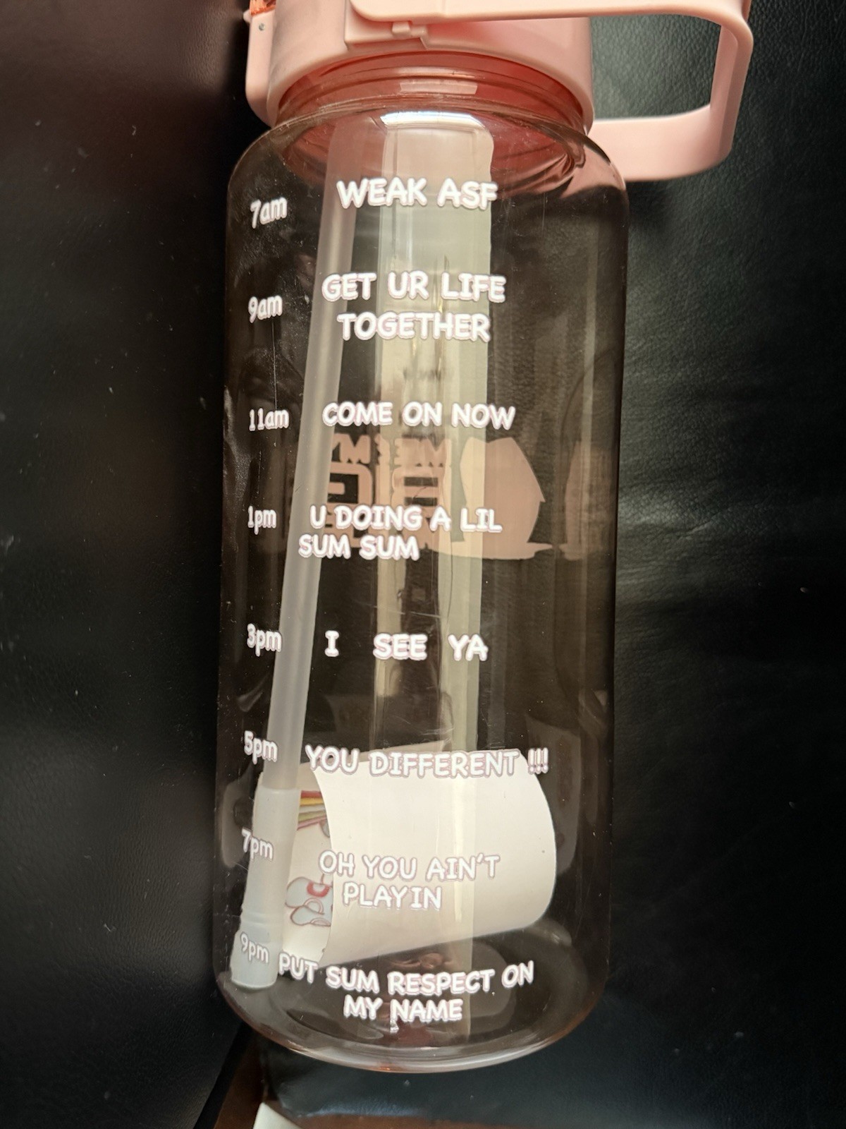 New Never Used Silly Pink 12 Inch Plastic Bottle With Straw Lid And Stickers