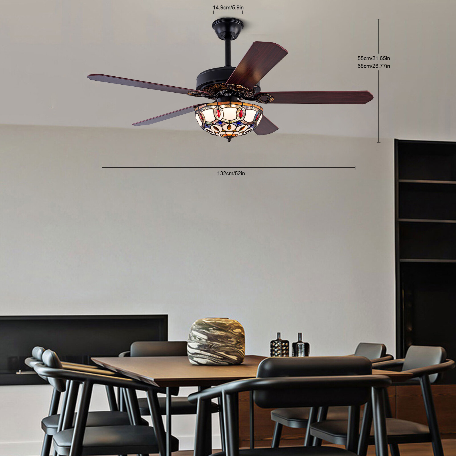 52'' Tiffany Ceiling Fan with 3 Lights w/ Remote Control, Wooden Ceiling Fans