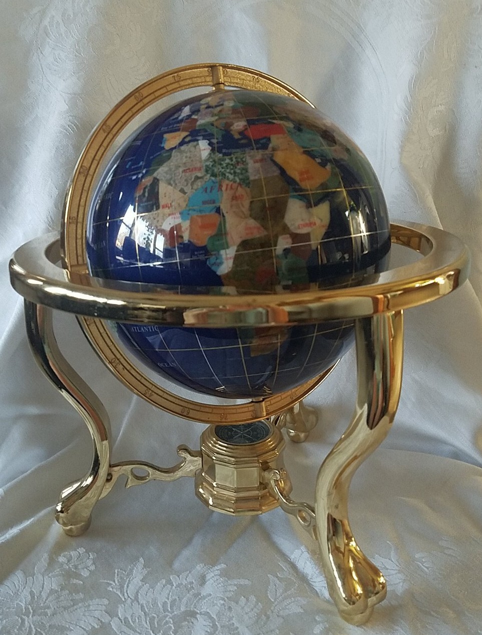 14" Blue Ocean Lapis Gold 3- Leg Stand Gemstone World Map Globe Compass