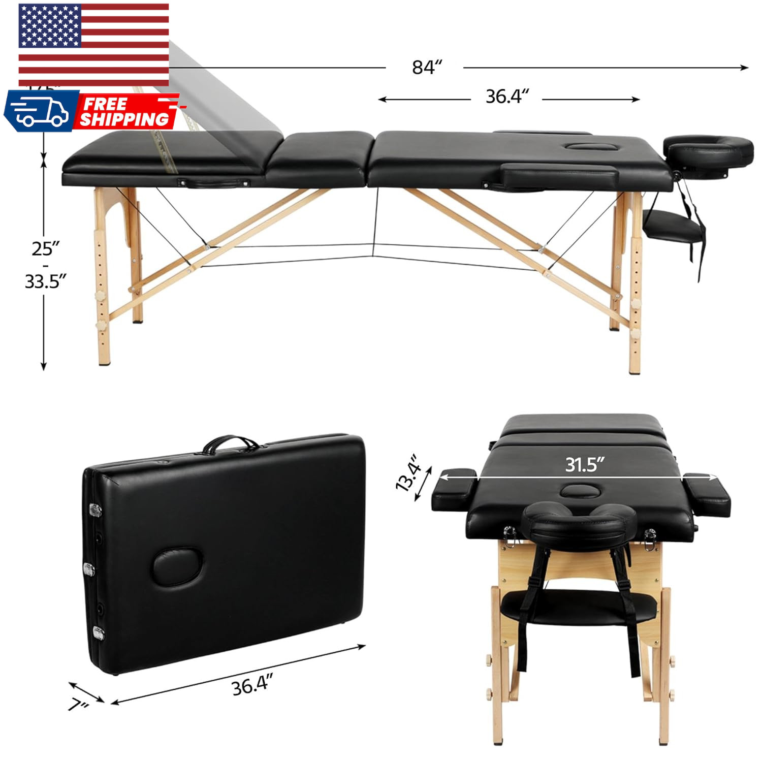 Massage Tables Portable Adjustable Massage Bed Foldable Spa Lash Table 3 Foldin