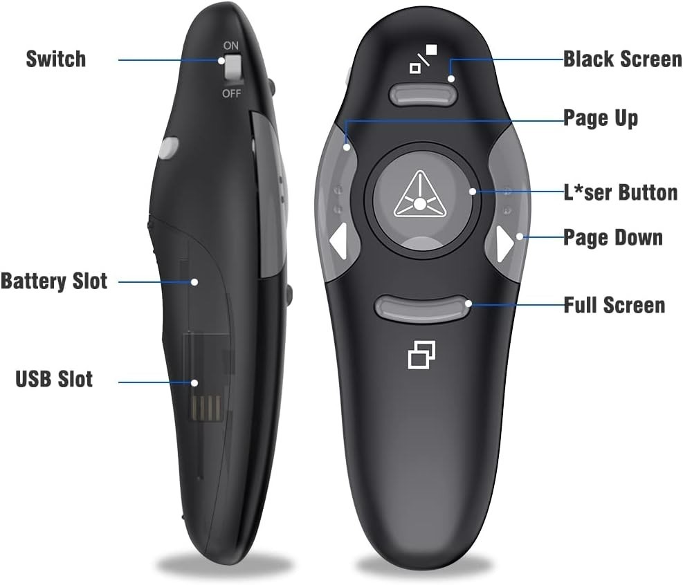 Bright Red Laser Wireless Presenter Remote - 49 Feet Range, USB Connectability