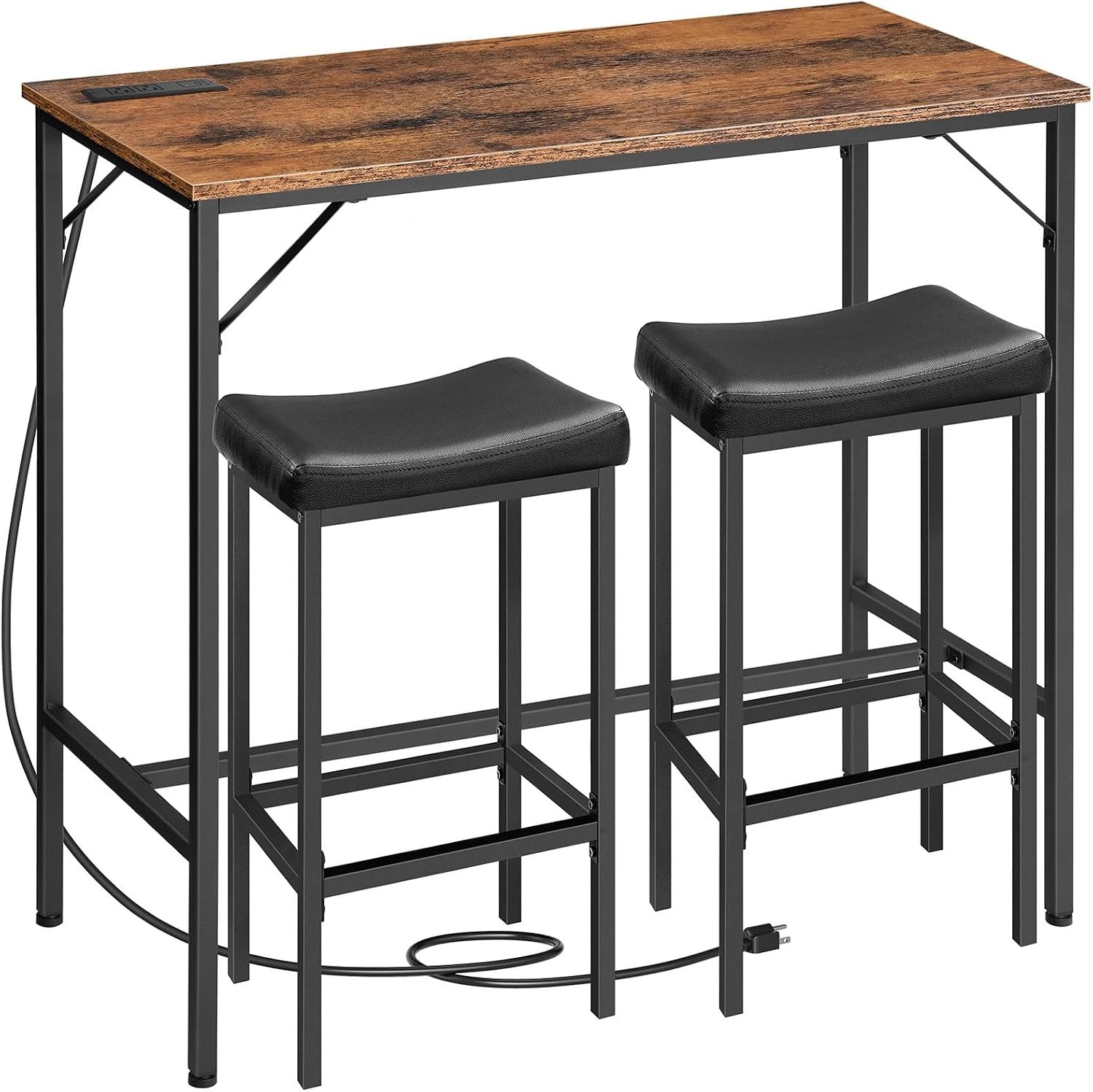 3Piece Bar Table Chairs Set 39.4"Pub Table High Top Bar Table W/Charging Station