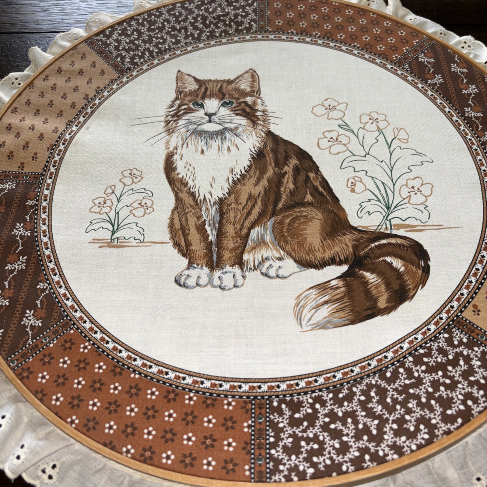 Vintage Large Embroidery Hoop Cranston Cat Print With Lace Trim. . 14.5 inches.