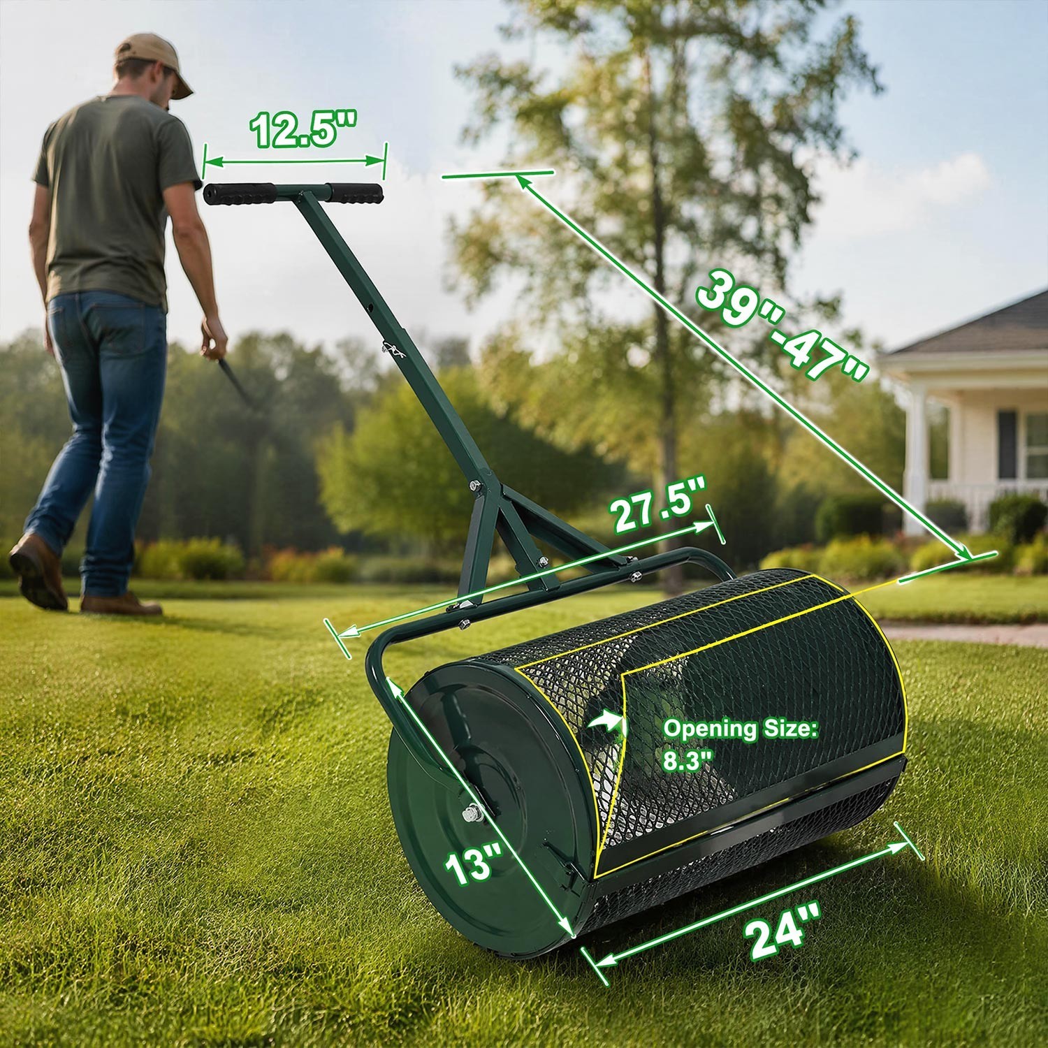 24" Peat Moss Spreader Heavy Duty Compost Roller Adjustable T Handle Lawn