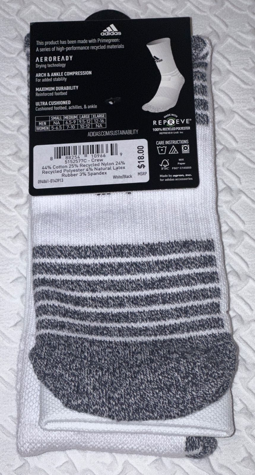 ADIDAS 5 Star Max Cushioned White Black Team Crew Sport Socks Mens L Fits 9.5-12