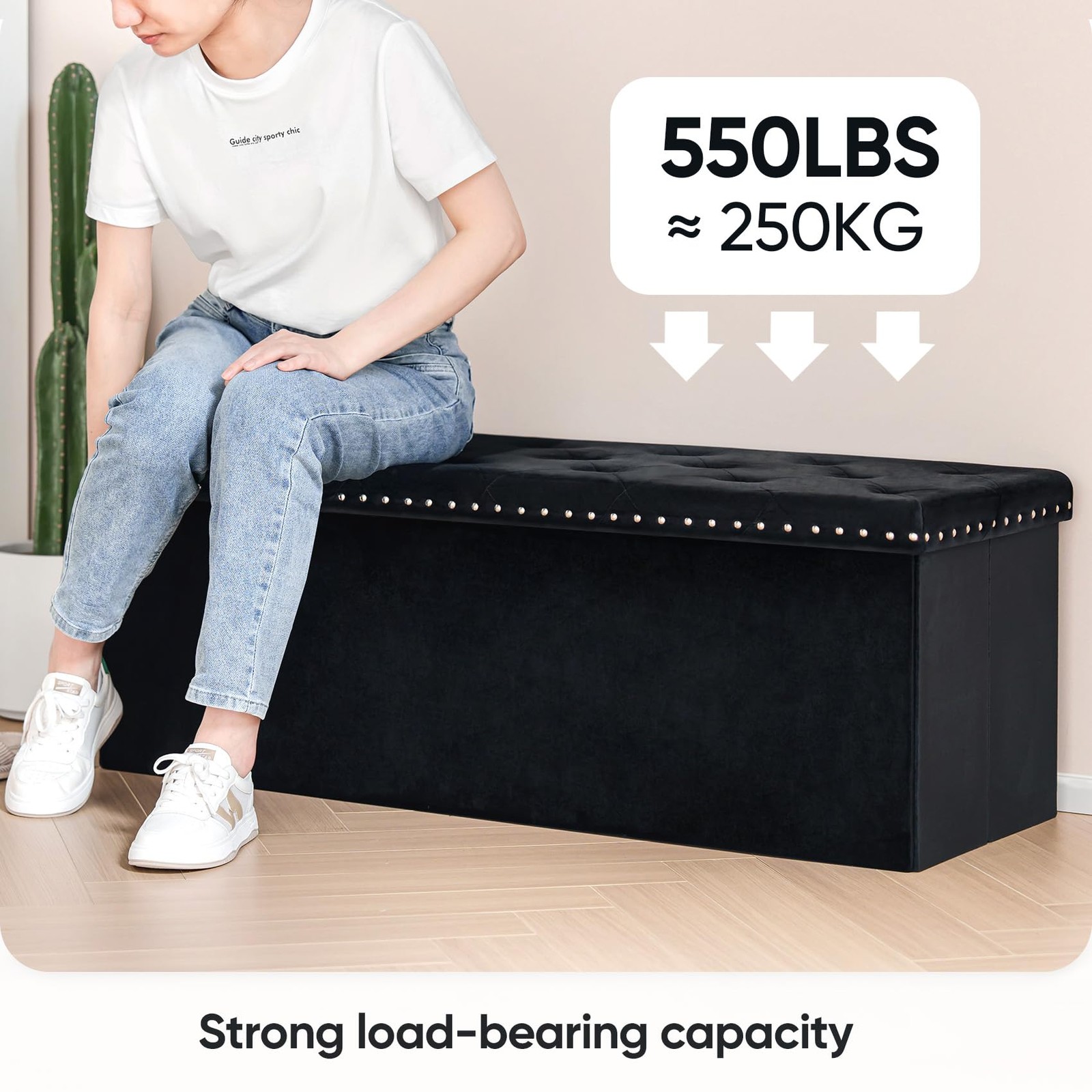PINPLUS Folding Storage Ottoman Bench, Black Faux Leather Long Storage Chest wit