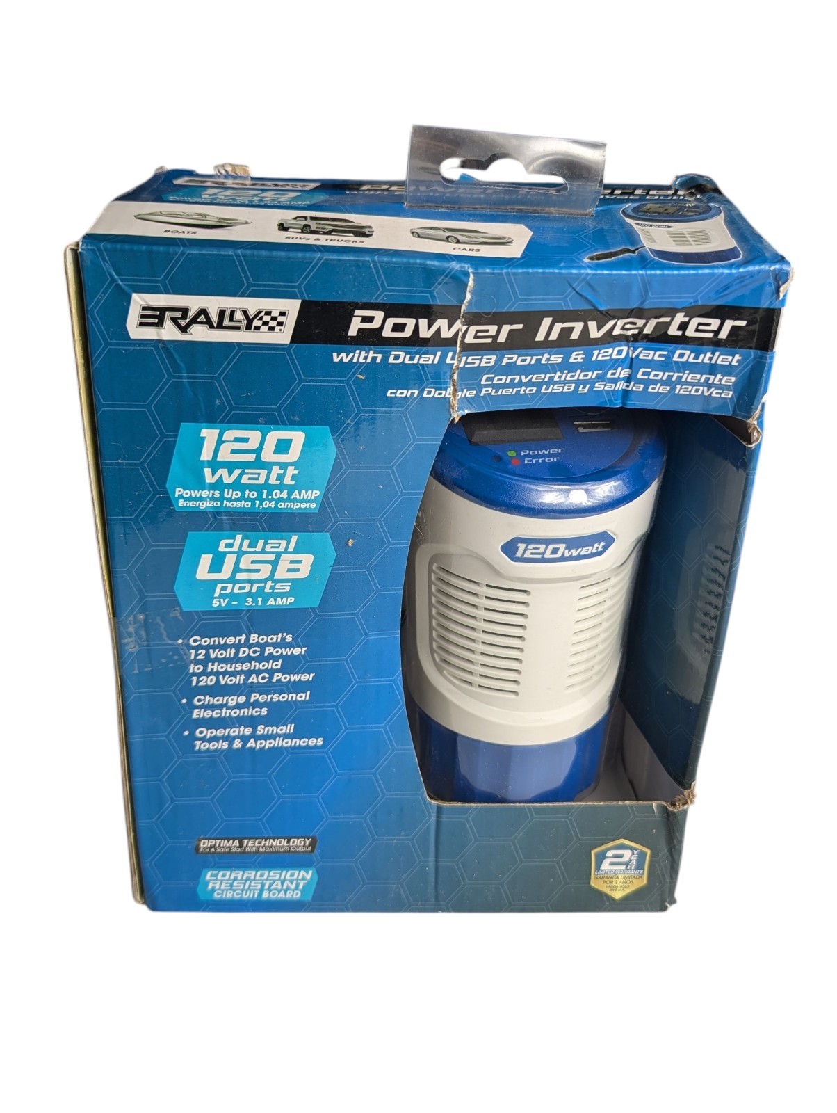 Rally 120 WATT INVERTER MARINE AUTO CUPHOLDER 12V/120V USB 1.04AMP New