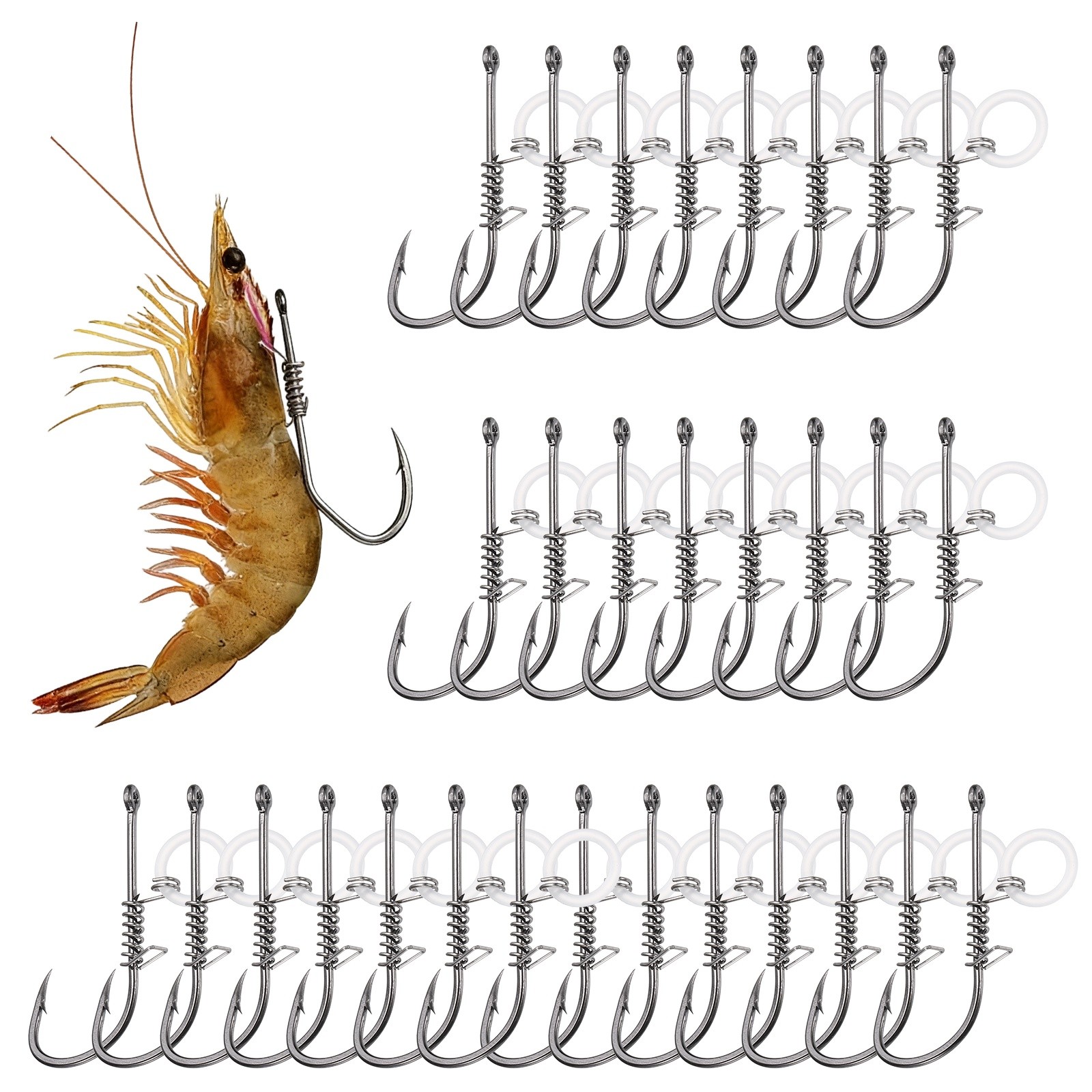 30Pcs 1/0# Shrimp Hooks, High Carbon Steel Fishing Hook, Silver
