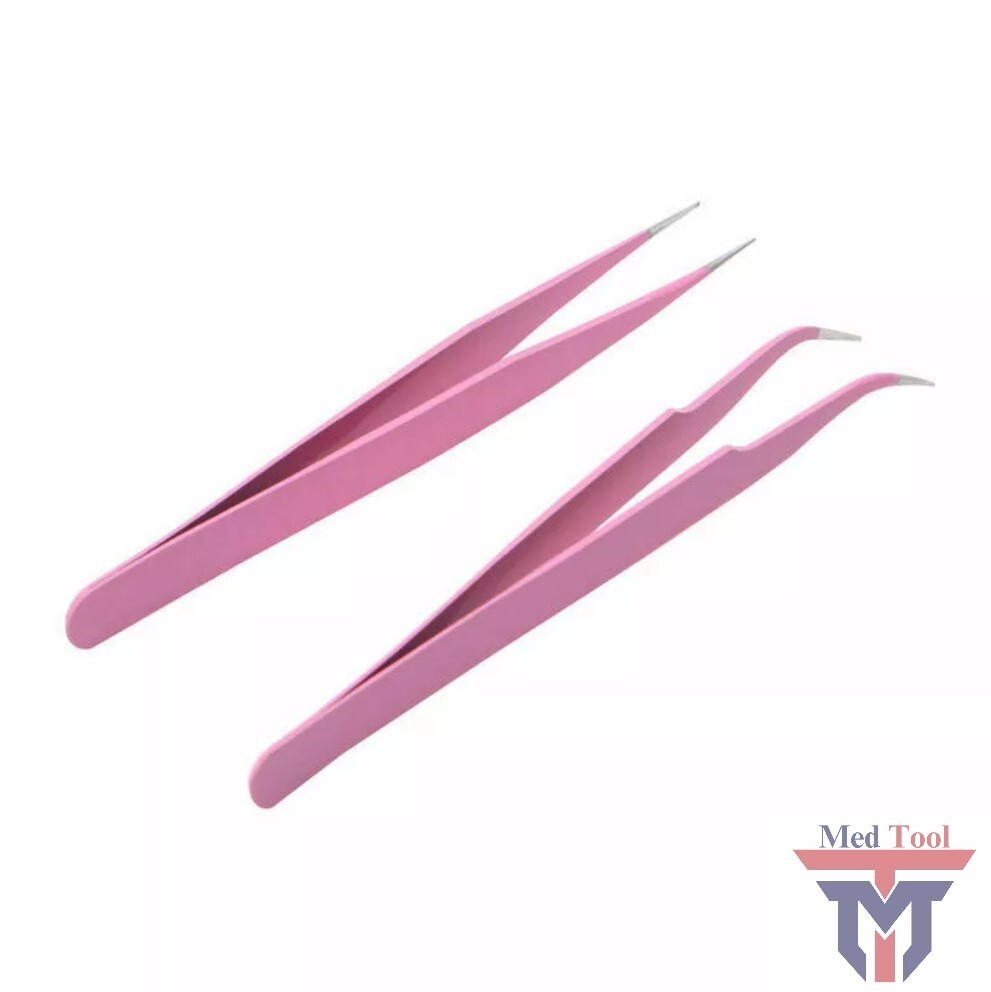 2 PCS Eyelash Extension Tweezers Straight & Curved Stainless Steel Set