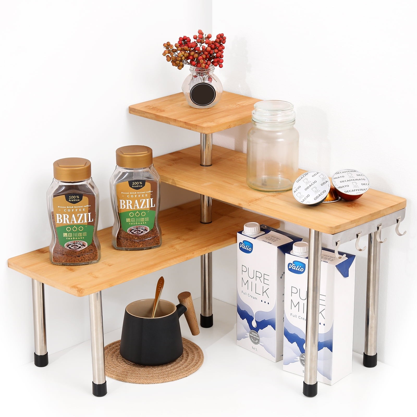 3 Tier Kithen Countertop Organizer,Bamboo Corner Shelf,Bathroom Storage Display