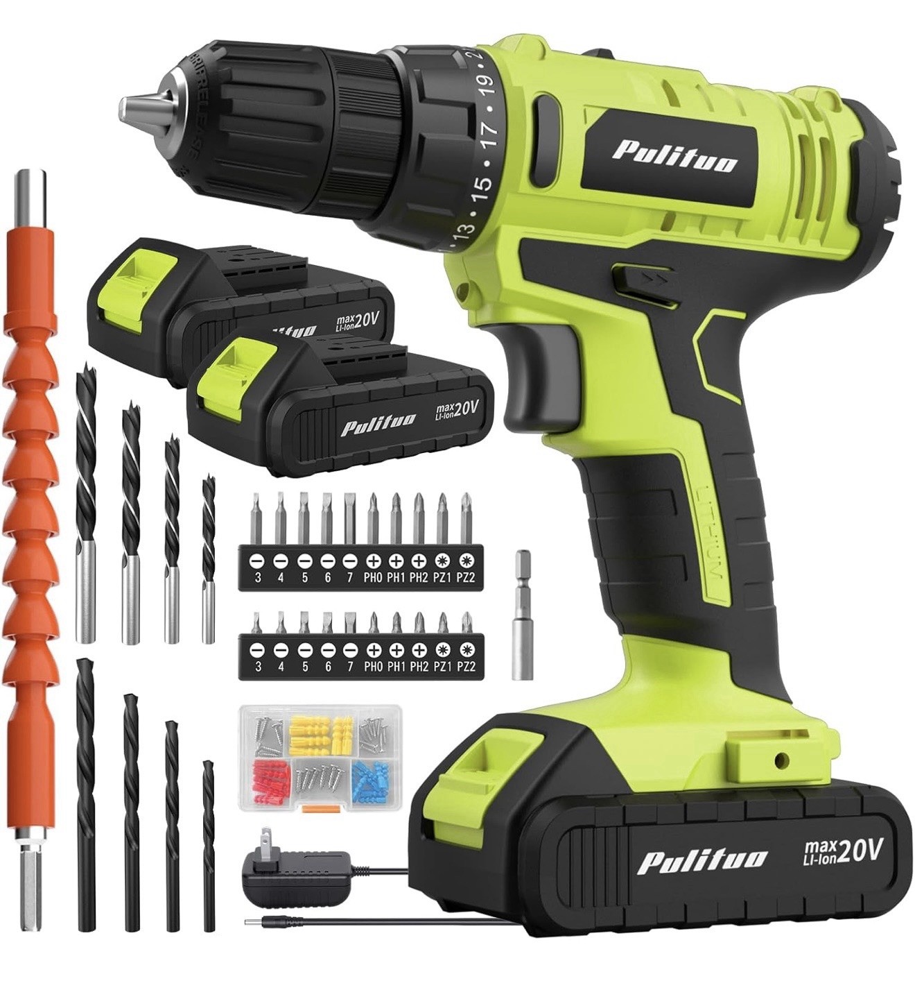 Complete 20V Electric Drill Screwdriver Kit Rechargeable Batteries LED Light New