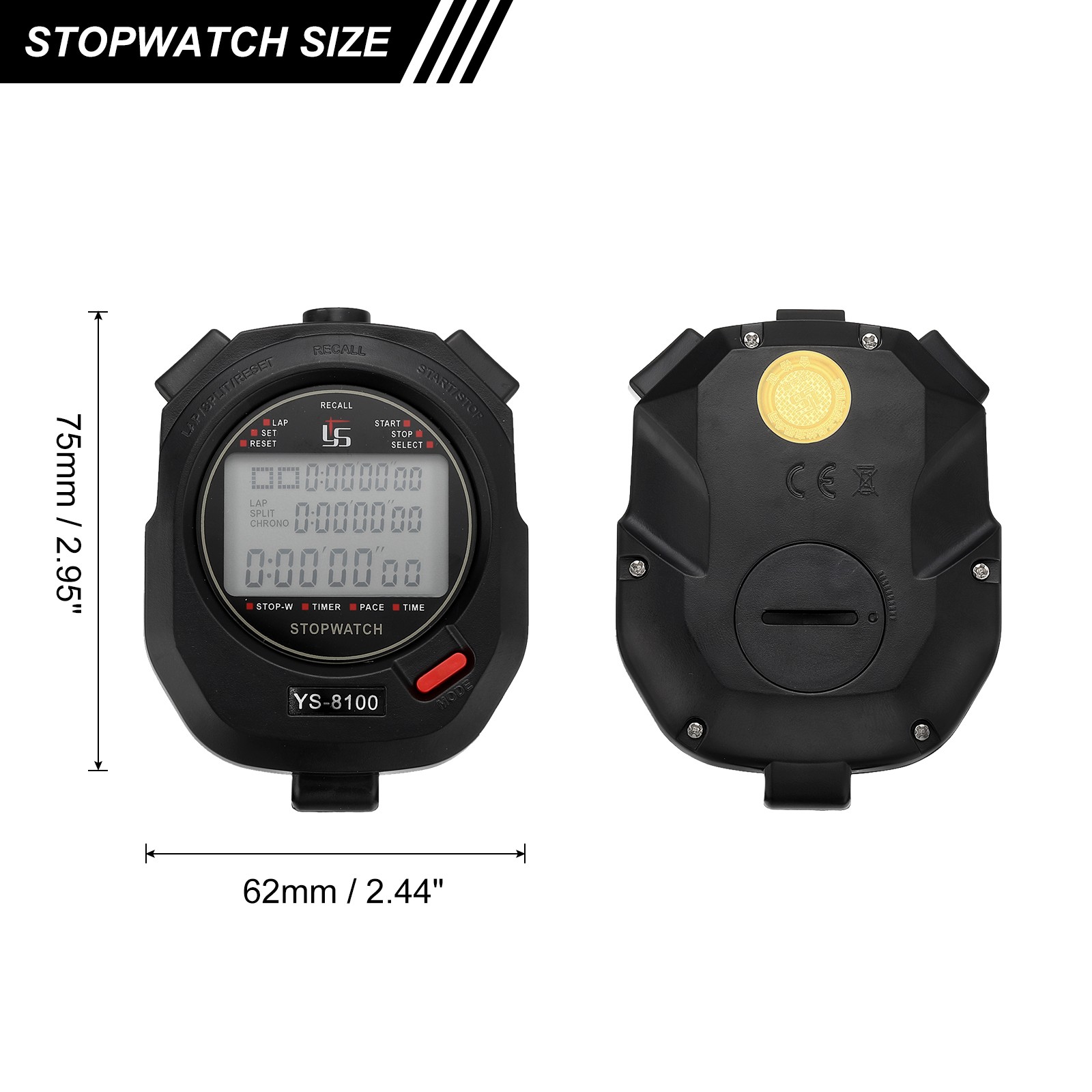 Professional Sport Stopwatch Timer 100 Lap Memory 0.01 Second Timing Black