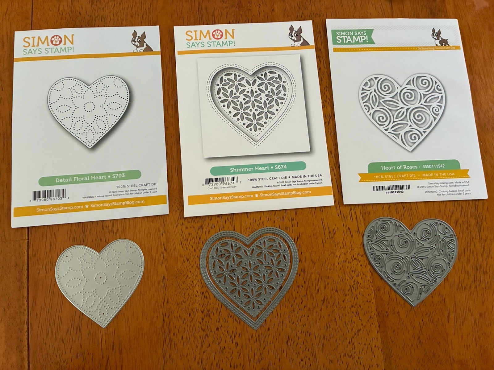 3-Simon Says Stamp Dies- Detail Floral Heart, Shimmer Heart & Heart Of Roses