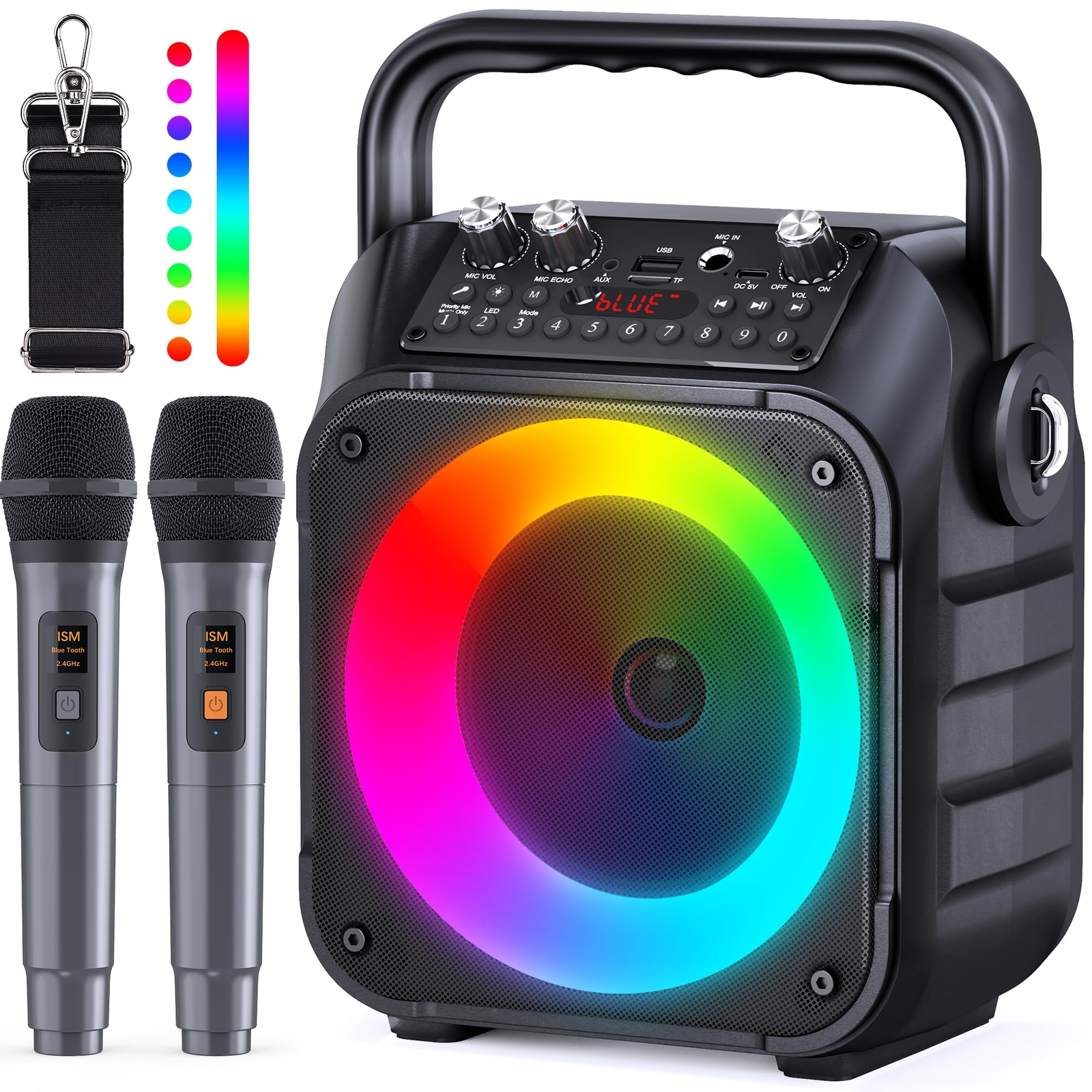 Portable Karaoke Machine - Bluetooth Speaker with Lights & Wireless Mics