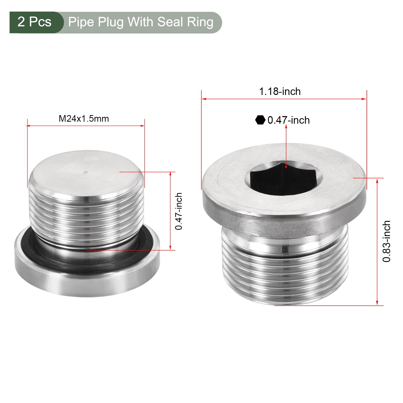2 Pcs M24 x 1.5 Stainless Steel Internal Hex Head Socket Pipe Fitting (Silver)