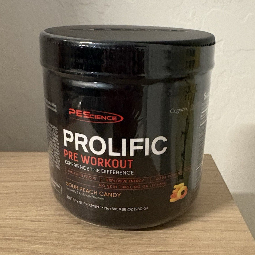 PEScience Prolific Pre Workout Powder Sour Peach Candy 9.88 oz Caffeine