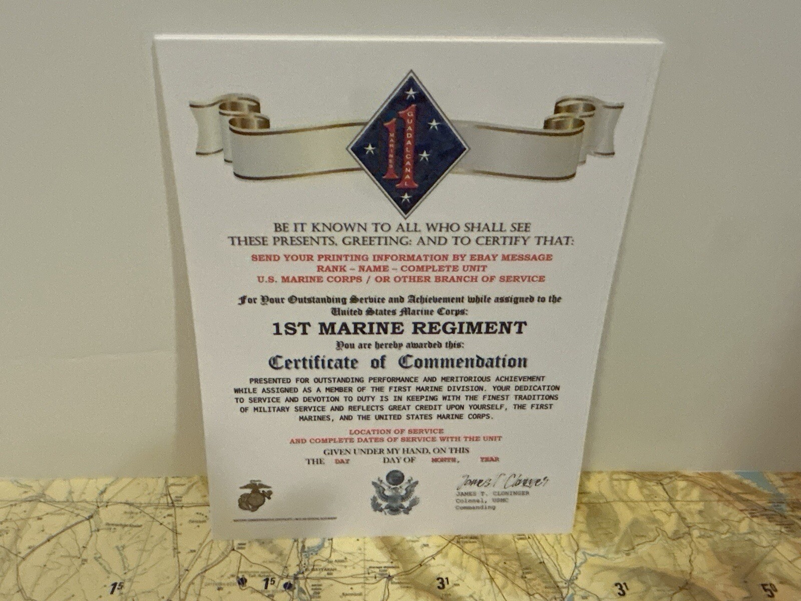 U.S. MARINE CORPS / 1ST MARINE REGIMENT (1 MARDIV) - CERTIFICATE OF COMMENDATION