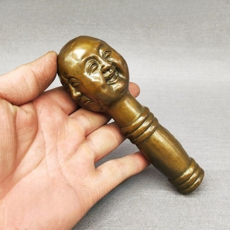 China Copper Hand Carved Walking Stick Head Handle 4 Faces Buddha Head Statue