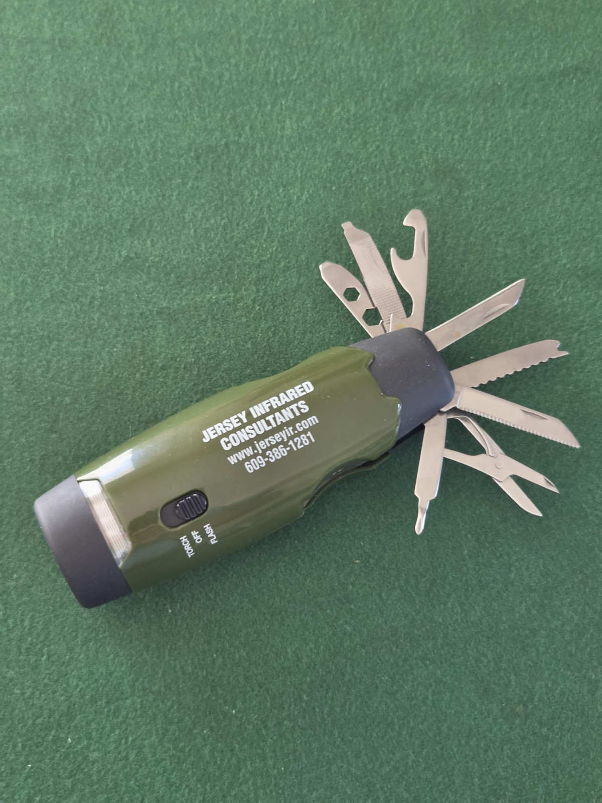 GREEN FLASH LIGHT 8 BLADE MULTI-TOOL ADVERTISING JERSEY INFRARED