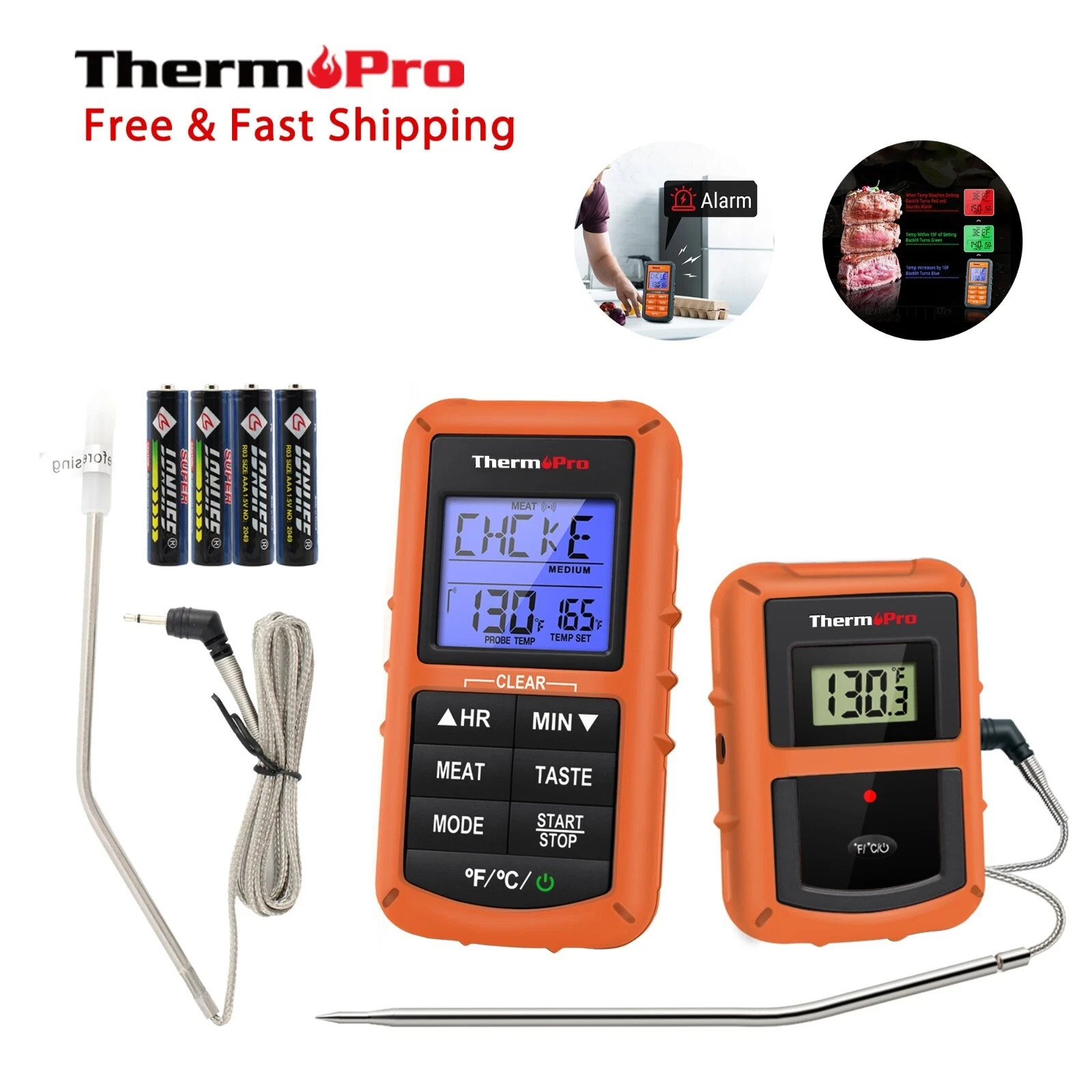 TempPro TP-07SW Wireless Meat Thermometer Remote Digital Backlit BBQ Grill Timer