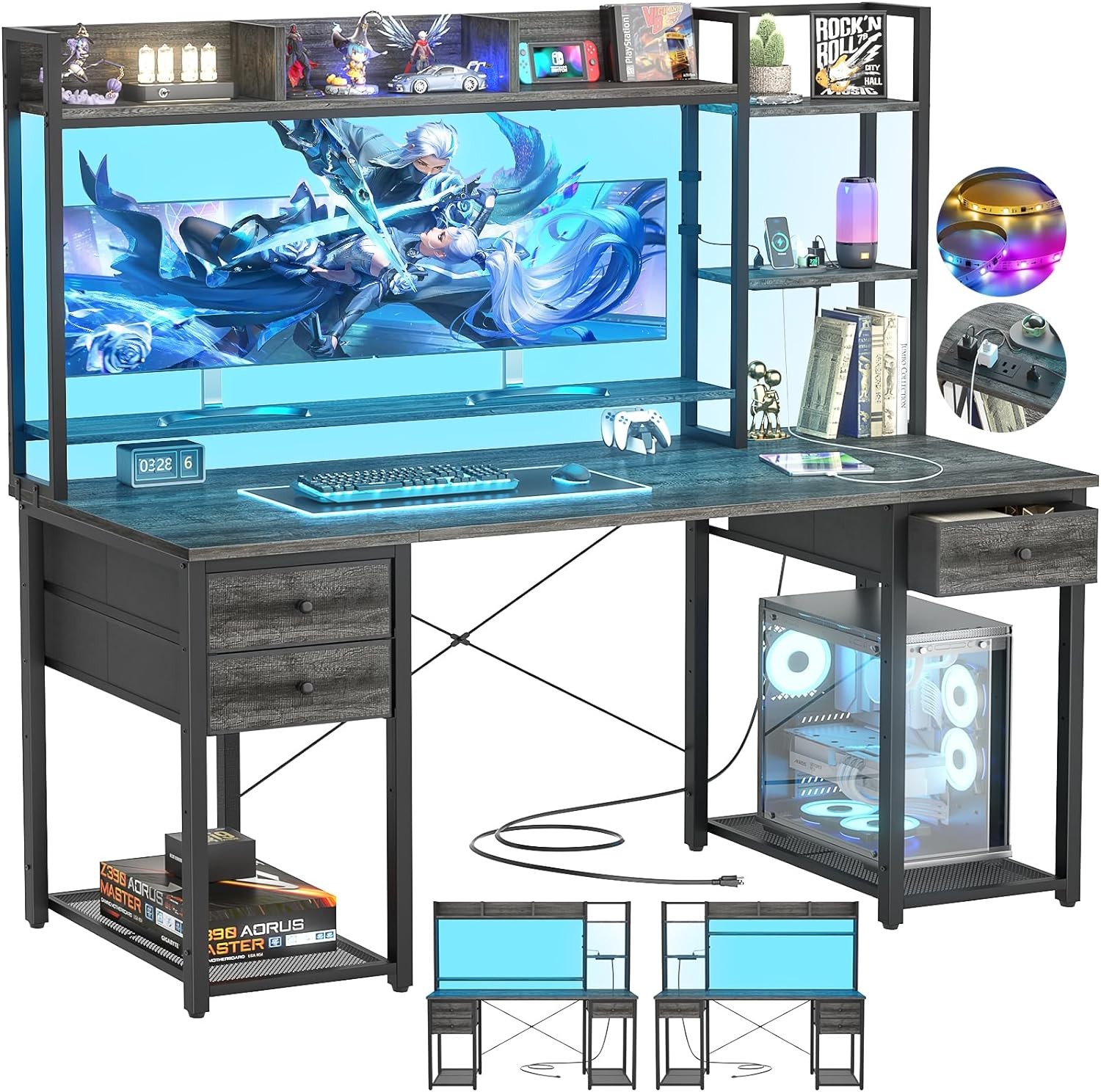 Desk with LED and Outlets, Gaming Desks with Hutch, 55.2'' Computer Desk with