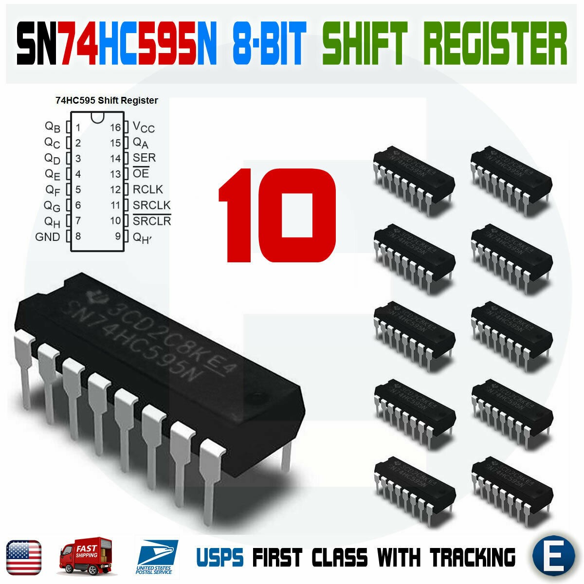 10PCS SN74HC595N 74HC595 8-Bit Shift Registers Serial to Parallel Converter IC