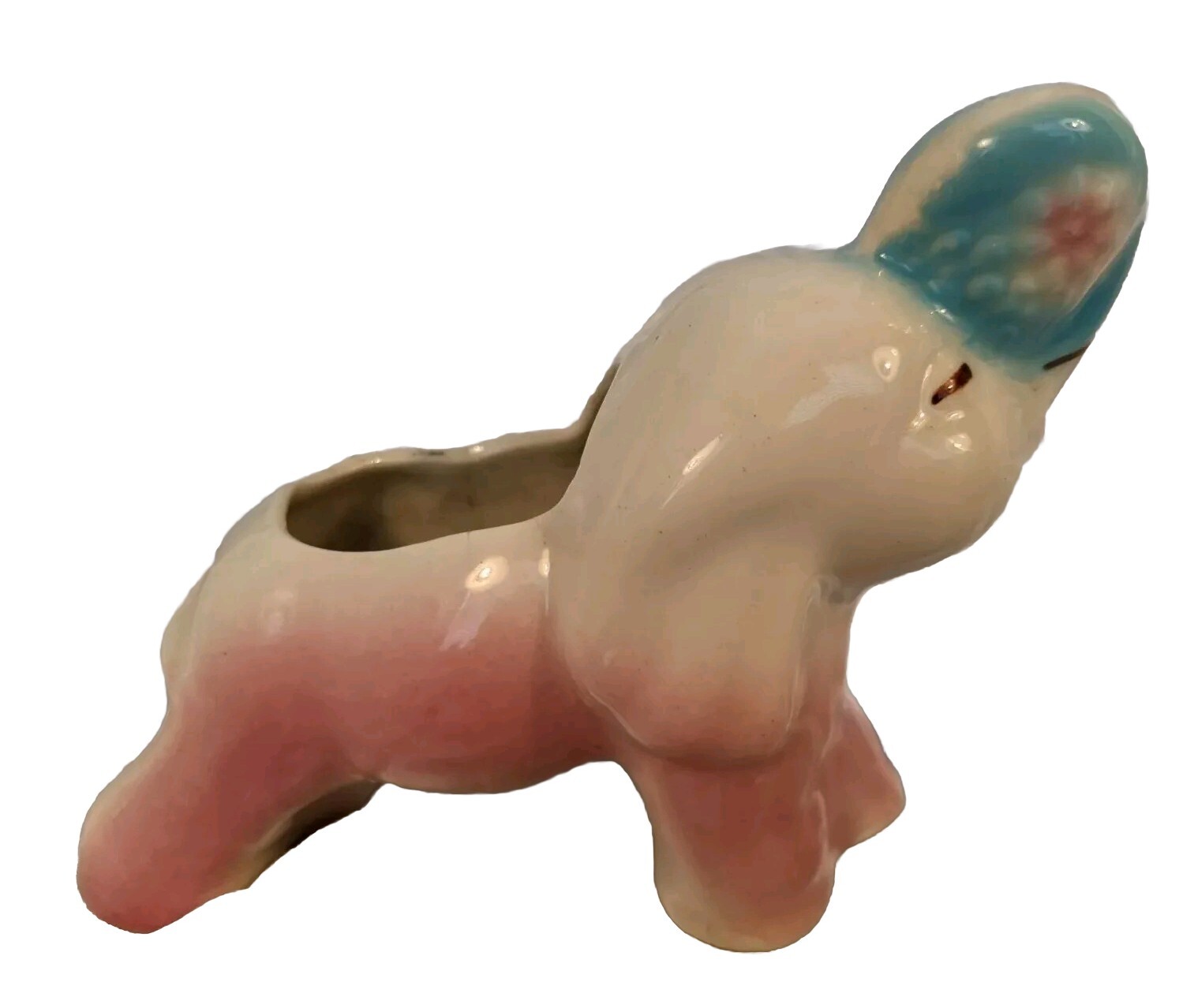 Vintage Pottery Planter Elephant Holding A Flower W Trunk Up Good Luck Baby Read